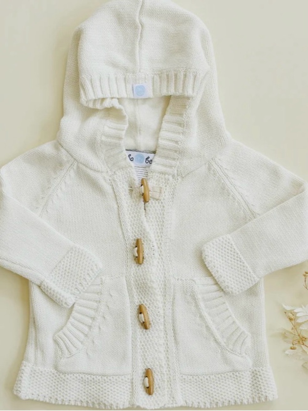 EUC Beba Bean 100% cotton ivory knitted hooded sweat sweater 3-6 mos